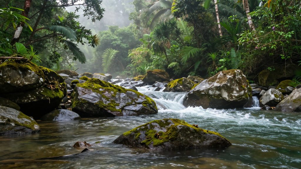 Ilustrasi sungai berhutan di Indonesia sebagai habitat ikan sidat