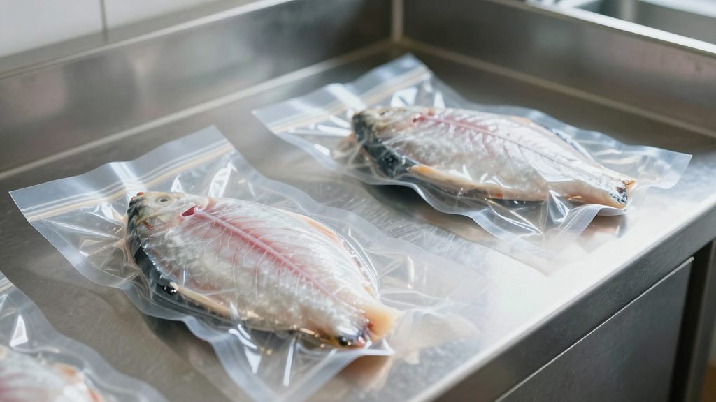 Ilustrasi produk olahan ikan dalam kemasan plastik vakum di atas meja stainless