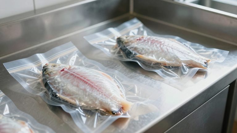 Ilustrasi produk olahan ikan dalam kemasan plastik vakum di atas meja stainless