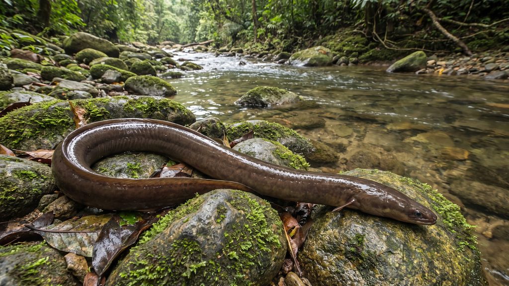 Ilustrasi ikan sidat berbadan panjang di atas batu sungai berlumut
