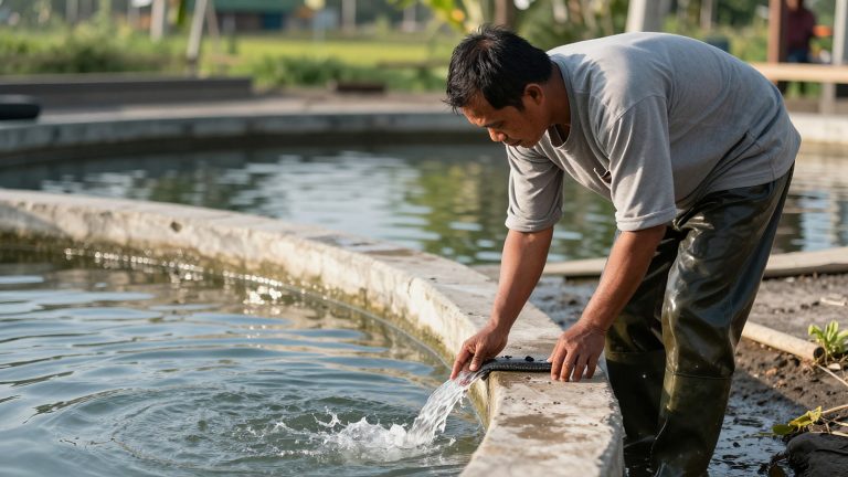 Ilustrasi pembudidaya memeriksa kolam pemeliharaan ikan sidat