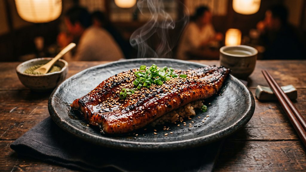 Ilustrasi fillet sidat bakar berlapis saus di atas piring keramik